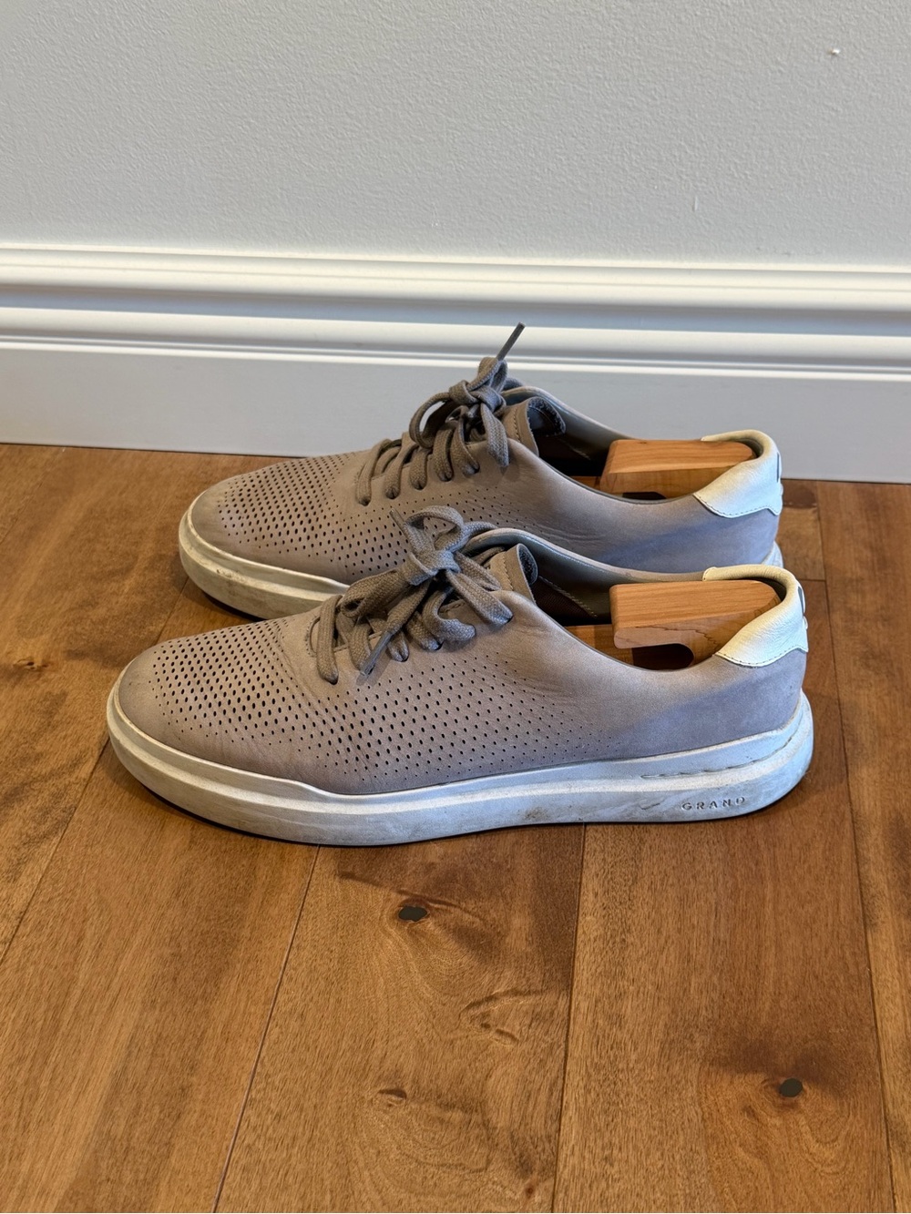 Cole Haan Men’s Taupe Suede Perforated Lace-Up Sneakers with White Heel